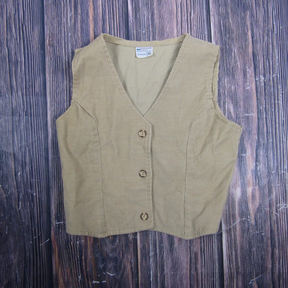 Vintage JCPenney Vest Womens 10 Beige Corduroy Tailored 3-Button Waistcoat